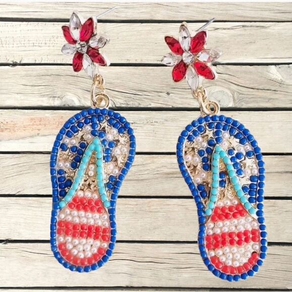 AMERICANA STATEMENT EARRINGS BLING BLING FOUR OF JULY DANGLE - Picture 3 of 3